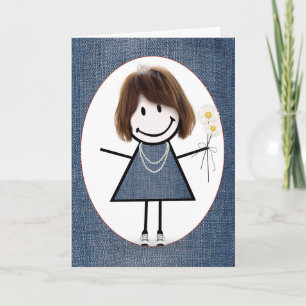 Stick figur flicka med Daisy på födelsedagen Kort