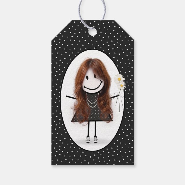 Stick figur flicka med Daisy på födelsedagen Presentetikett (Framsidan)