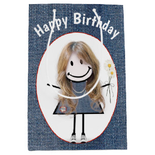 Stick figur flicka på födelsedagen i Denim