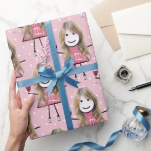 Stick figur flicka på födelsedagen med Vin Presentpapper