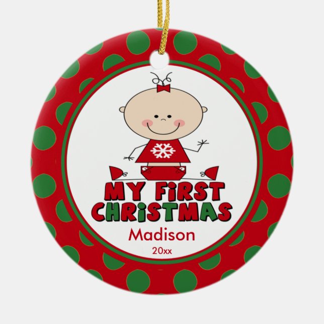 Stick figur Girl Baby Första julprydnaden Julgransprydnad Keramik (Framsidan)