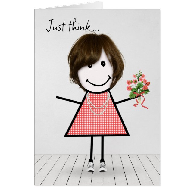 Stick figur Girl med Birthday Bouquet Hälsningskort (Framsidan)