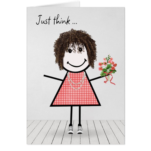 Stick figur Girl med Birthday Bouquet Hälsningskort (Framsidan)