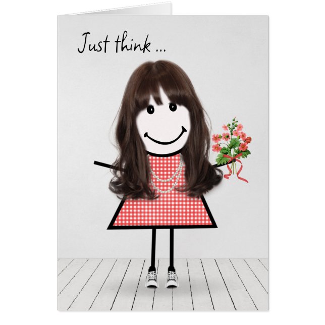 Stick figur Girl med Birthday Bouquet Hälsningskort (Framsidan)
