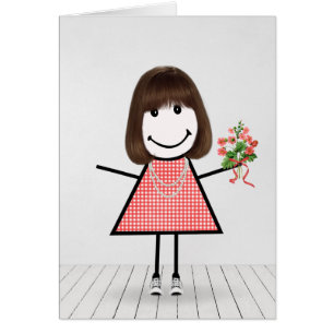 Stick figur Girl med Birthday Bouquet Hälsningskort