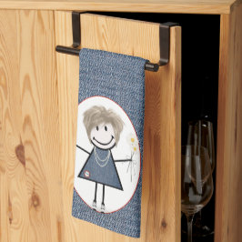 Stick figur Girl med Daisy på Denim Kökshandduk