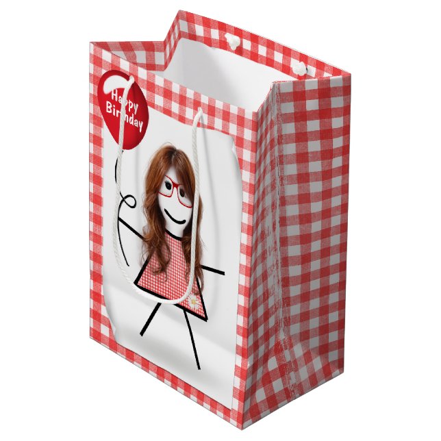 Stick figur Girl med Red Birthday Balloon (Framsidan Vinklad)