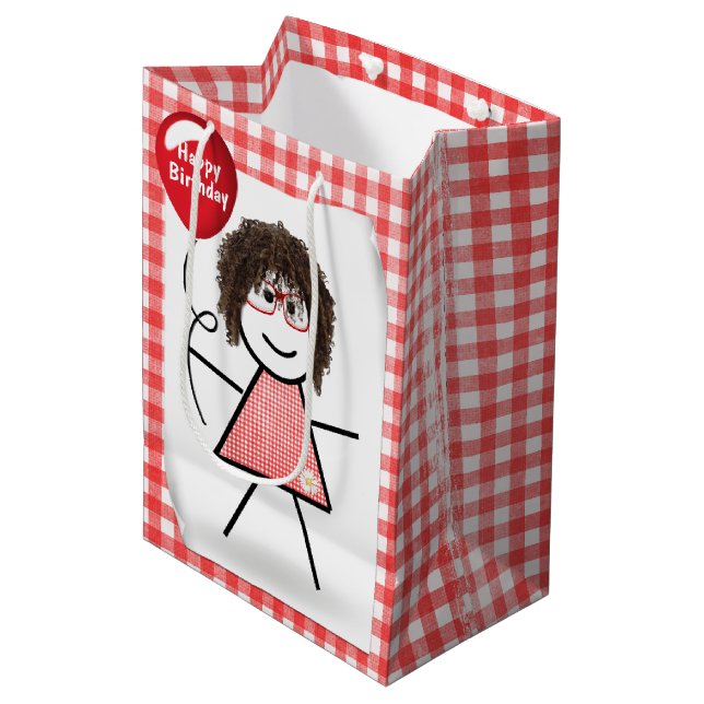Stick figur Girl med Red Birthday Balloon (Framsidan Vinklad)