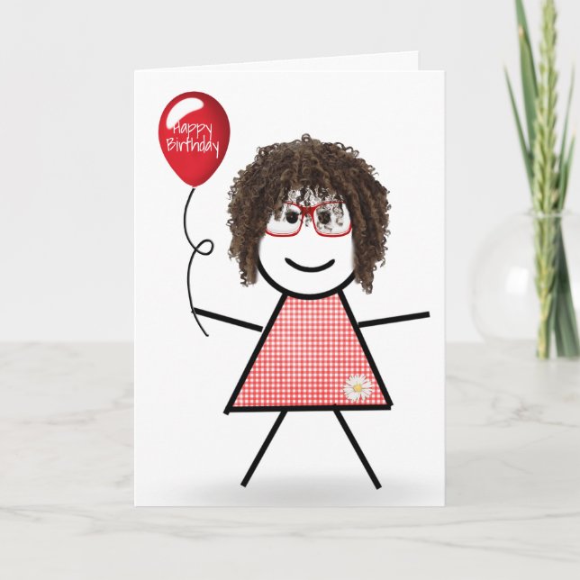 Stick figur Girl med Red Birthday Balloon Kort (Framsida)