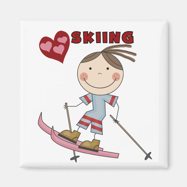 Stick figur Girl Skier Tshirts och Gifts Magnet (Framsidan)