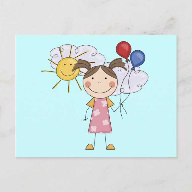 Stick figur Girl with Balloons T-shirts and Gifts Vykort (Framsida)