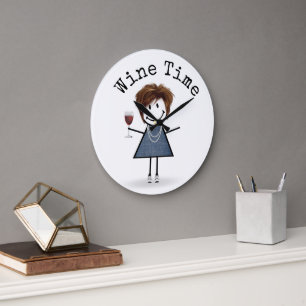Stick figur Girl with Vin Glass Stor Klocka