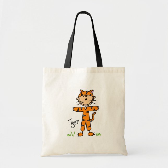 Stick figur i tigerkostym hänger lös tygkasse (Framsidan)