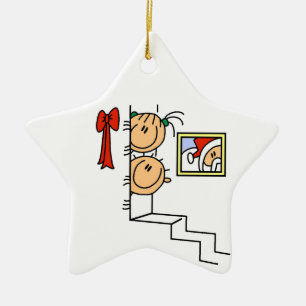 Stick figur Kids i väntan på jultomtsprydnad Julgransprydnad Keramik