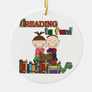 Stick figur Kids Reading är Roligt Julgransprydnad Keramik