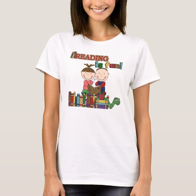 Stick figur Kids Reading är Roligt Tee Shirt (Framsida)