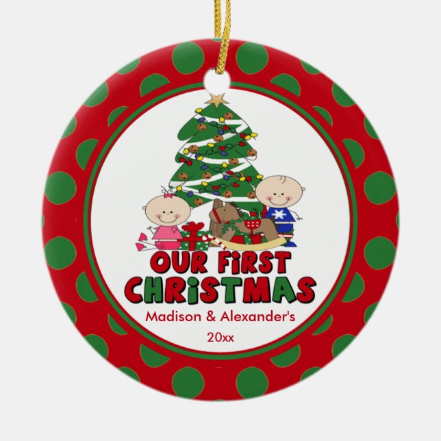 Stick figur kopplar samman baby den första julgransprydnad keramik (Framsidan)