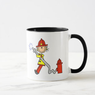Stick figurbrandmannen med vattnar med slang mugg