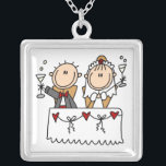 Stick figurbrud och brudgum som rostar halsbandet silverpläterat halsband<br><div class="desc">En stick figurbrud och en brudgumrostat bröd till deras nya liv på ett halsband någon brud som är,  vem älskar stick figur,  är tillsammans säkra att älska!</div>