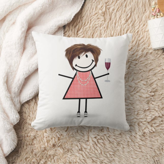Stick Figure Girl With Wine Glass Kudde (Filt)
