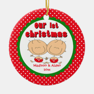 Stick Figure Tvillingar Baby's First Christmas Orn Julgransprydnad Keramik
