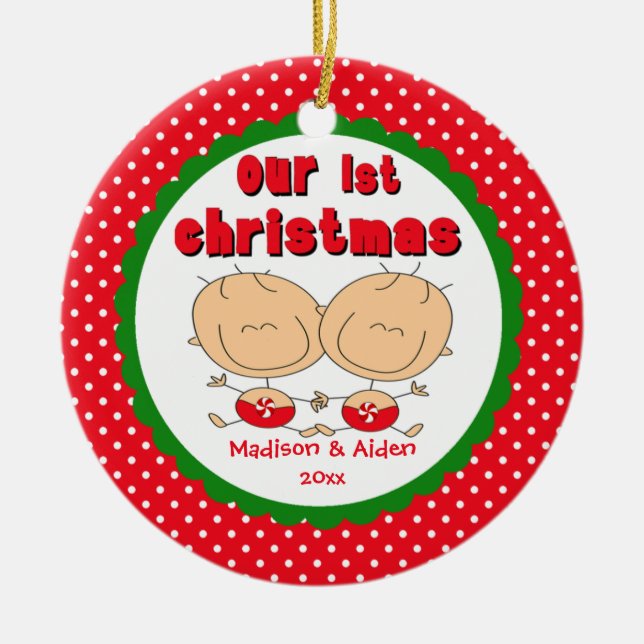 Stick Figure Tvillingar Baby's First Christmas Orn Julgransprydnad Keramik (Framsidan)