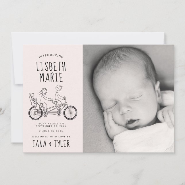 Stick figurer på tandemcykel med säte i baby inbjudningar (Framsida)