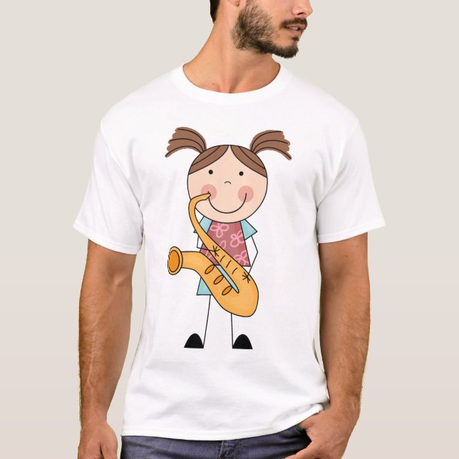 Stick figurflicka med saxofonen tee shirt (Framsida)