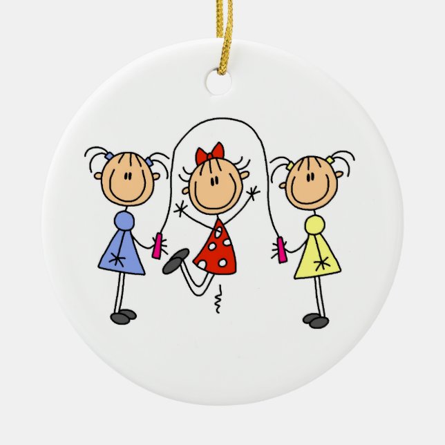 Stick figurflickor som hoppar repet julgransprydnad keramik (Framsidan)