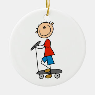 Stick figurpojke på sparkcykeln julgransprydnad keramik