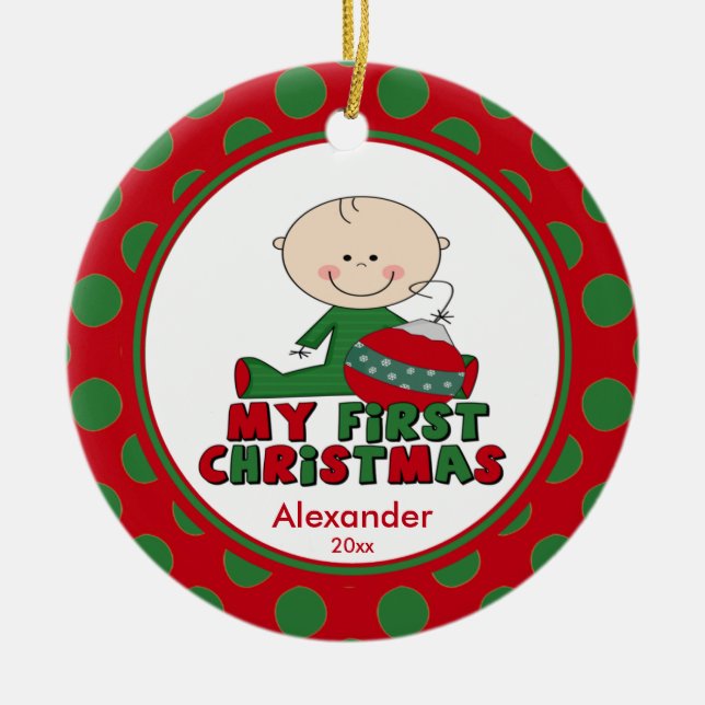 Stick figurpojkebaby första prydnad för jul julgransprydnad keramik (Framsidan)