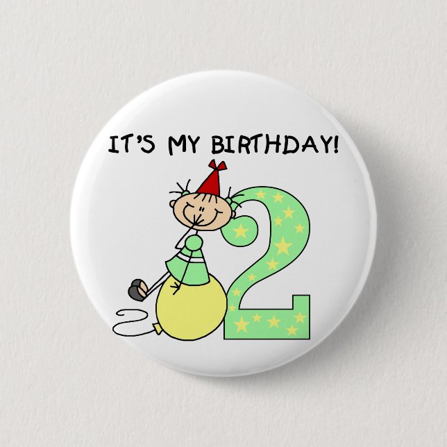 Stick Girl 2nd Birthday Tshirts och Gifts Knapp (Framsida)
