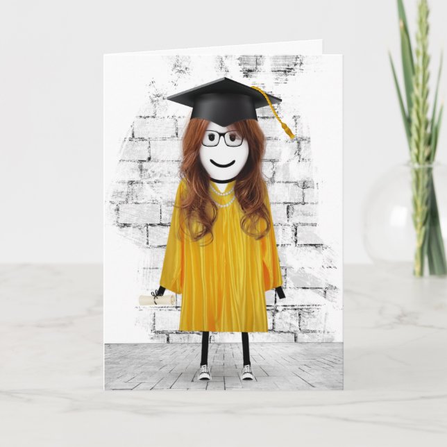 Stick Girl Student med Hair och Diploma Kort (Framsida)