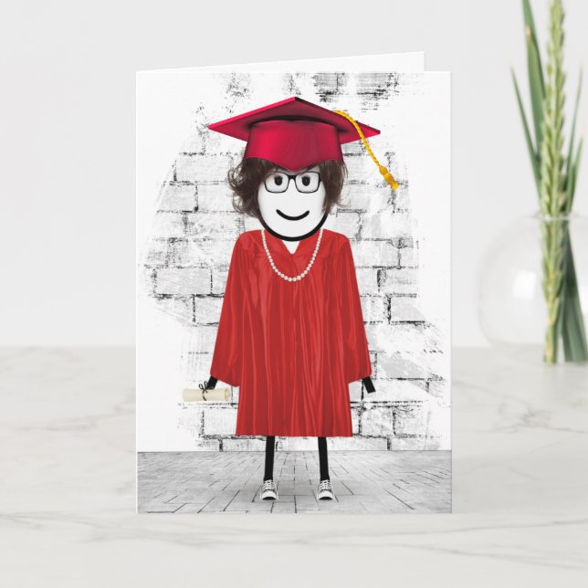 Stick Girl Student med Hair och Diploma Kort (Framsida)