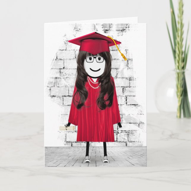 Stick Girl Student med Hair och Diploma Kort (Framsida)