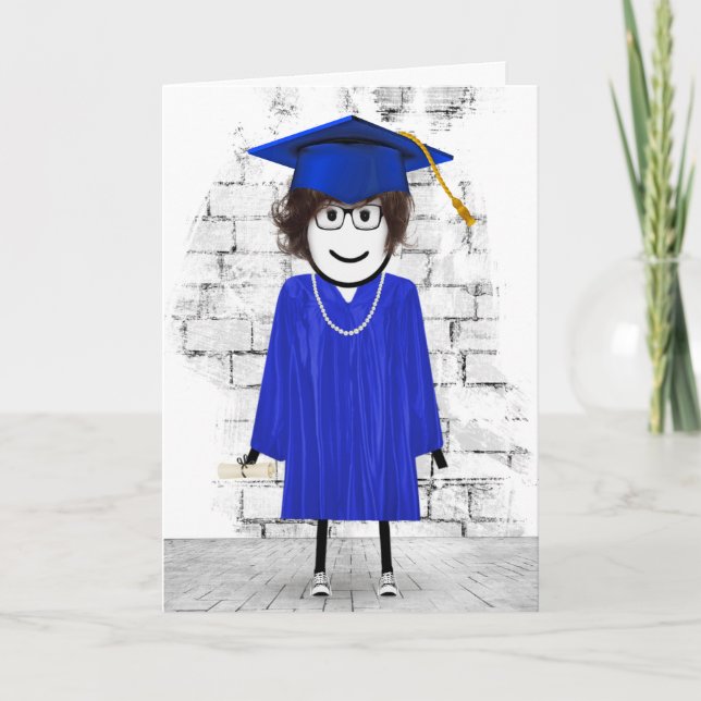 Stick Girl Student med Hair och Diploma Kort (Framsida)
