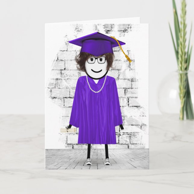 Stick Girl Student med Hair och Diploma Kort (Framsida)