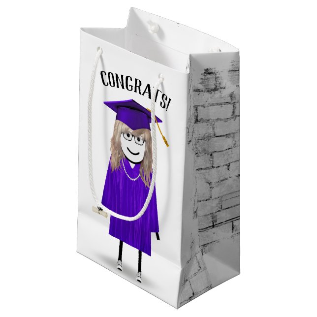 Stick Girl Student med Lila Cap och Diploma (Framsidan Vinklad)