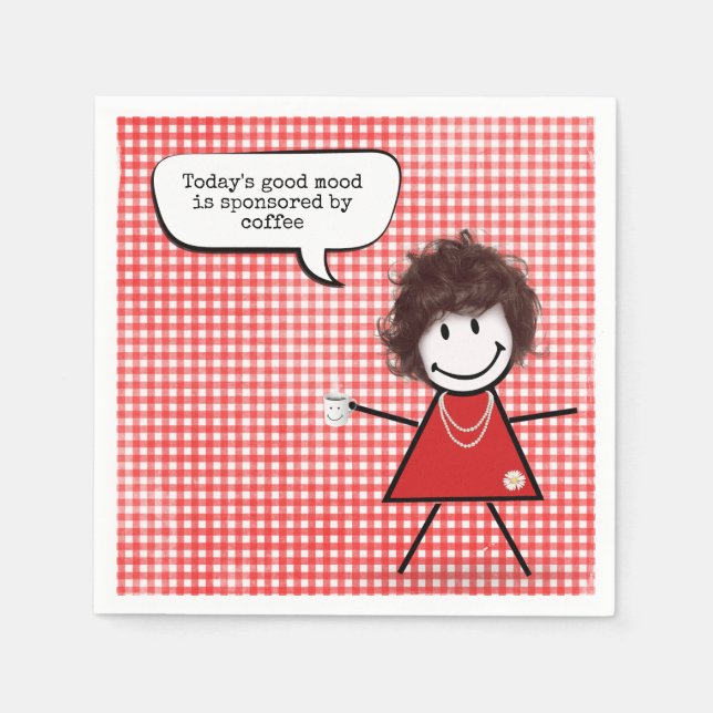 Stick Girl with Coffee Mugg on Gingham Pappersservett (Framsidan)
