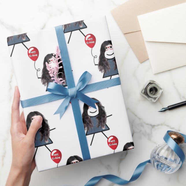 Stick Girl with Red Birthday Balloon Presentpapper (Gifting)