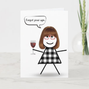 Stick Girl with Red Vin Belthday Kort