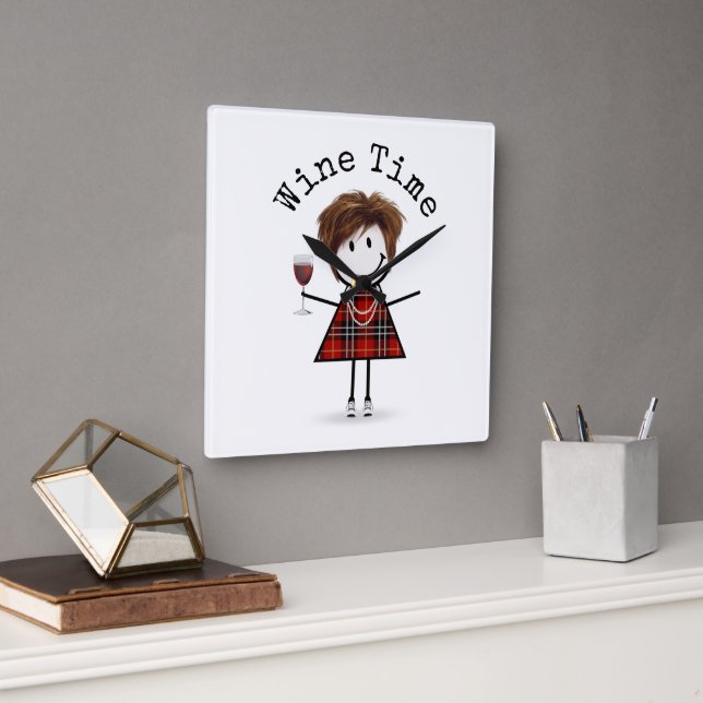 Stick Girl with Vin Glass Fyrkantig Klocka (Kontor)