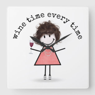 Stick Girl with Vin Glass Fyrkantig Klocka