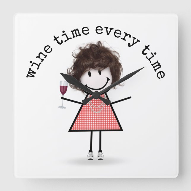 Stick Girl with Vin Glass Fyrkantig Klocka (Framsida)
