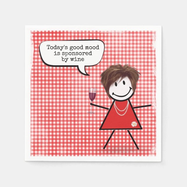 Stick Girl with Vin Glass on Gingham Pappersservett (Framsidan)