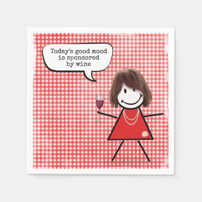 Stick Girl with Vin Glass on Gingham Pappersservett (Framsidan)