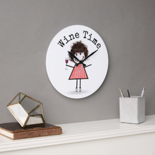 Stick Girl with Vin Glass Stor Klocka
