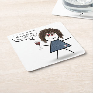Stick Party Girl with Red Vin and Quote Underlägg Papper Kvadrat