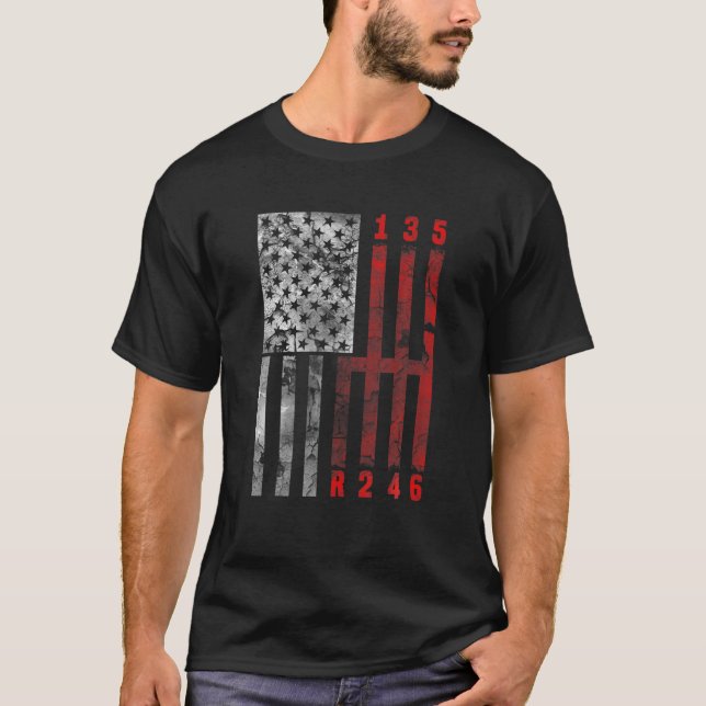 Stick Shift American Flagga Muscle Car 6 Gears Mec T Shirt (Framsida)