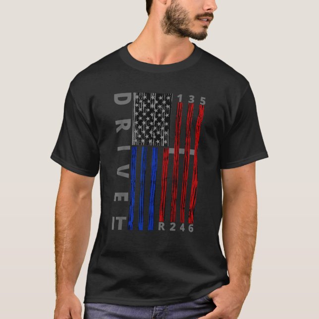 Stick Shift American Flagga Muscle Car Sex Speed G T Shirt (Framsida)